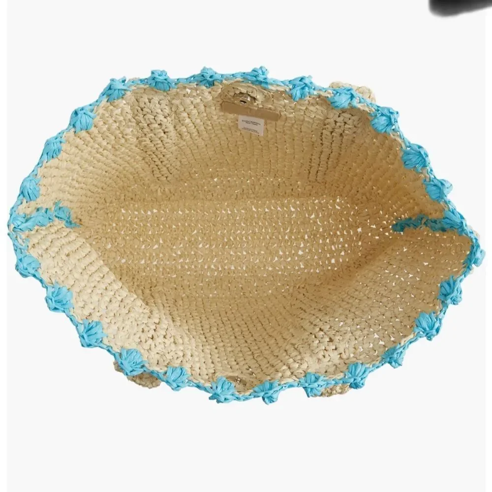 BTB Los Angeles LISBETH POMPOM STRAW TOTE IN AQUA OS NWT 148.00